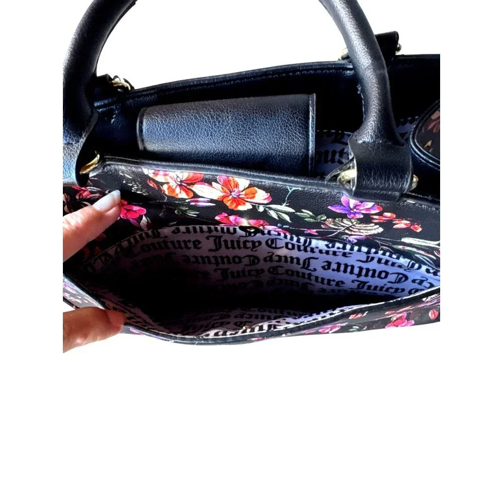 Juicy Couture Medallion Floral Satchel Tote Black Multi Color Purse Gold Logo